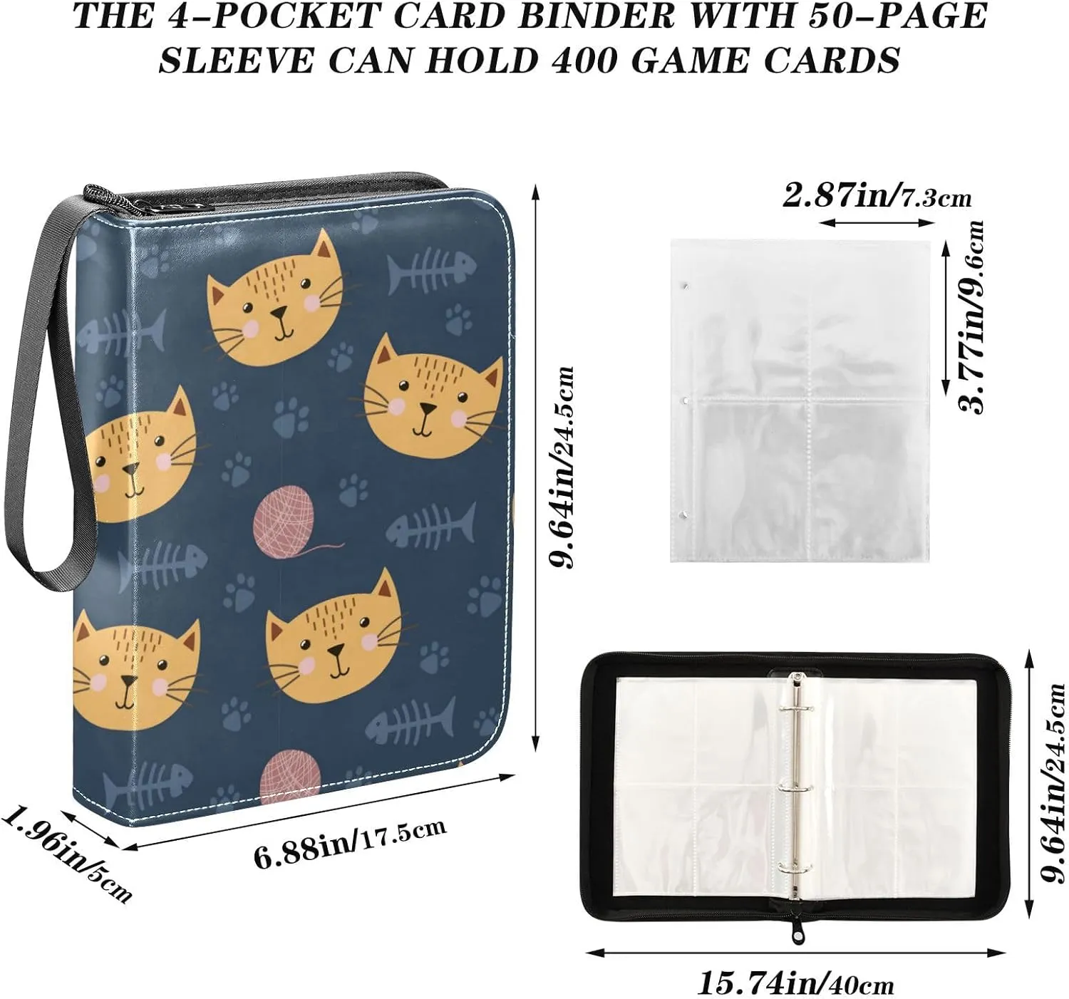 Card Binder Sports Card Binder Trading Card binder 4 Card Binder for Game Cards Sports Cards Photos Cat Head and Fish Bone
