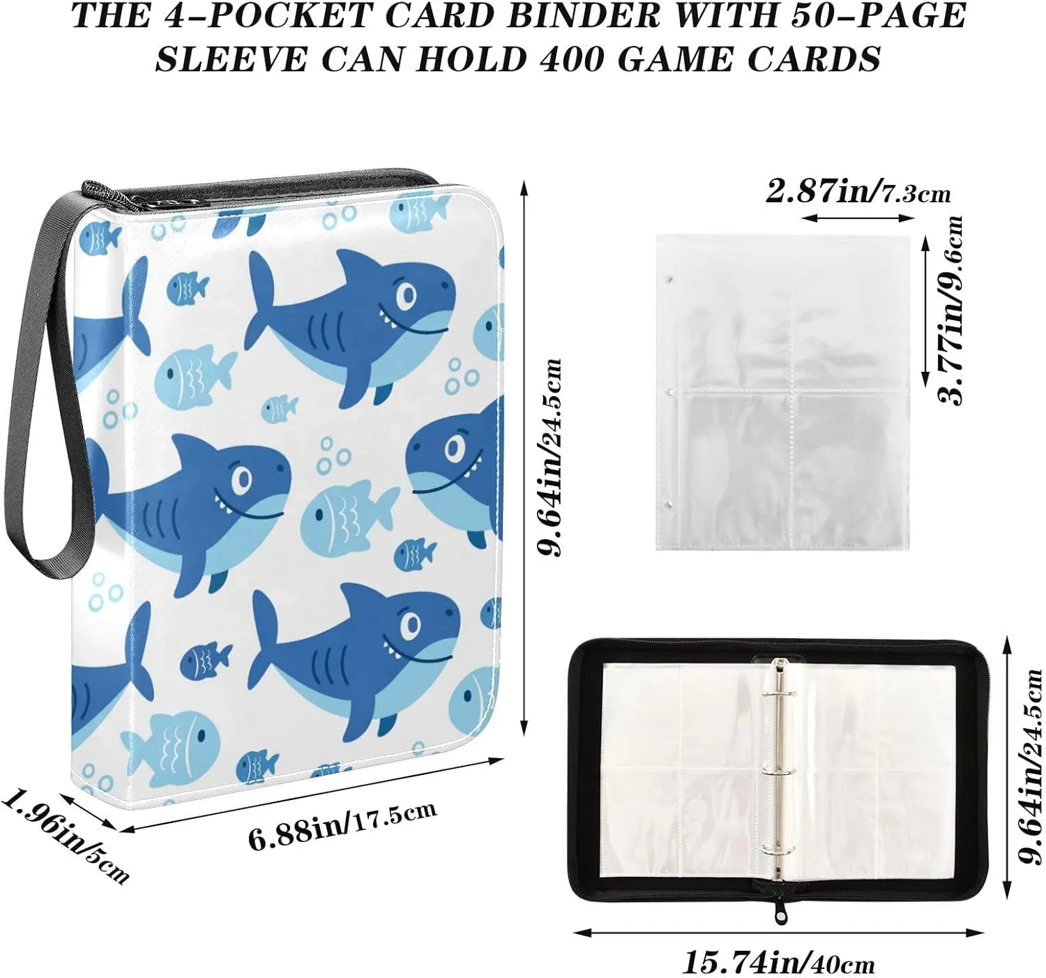Card Binder Sports Card Binder Trading Card binder 4 Card Binder for Game Cards Sports Cards Photos Cute Blue Shark Fish White