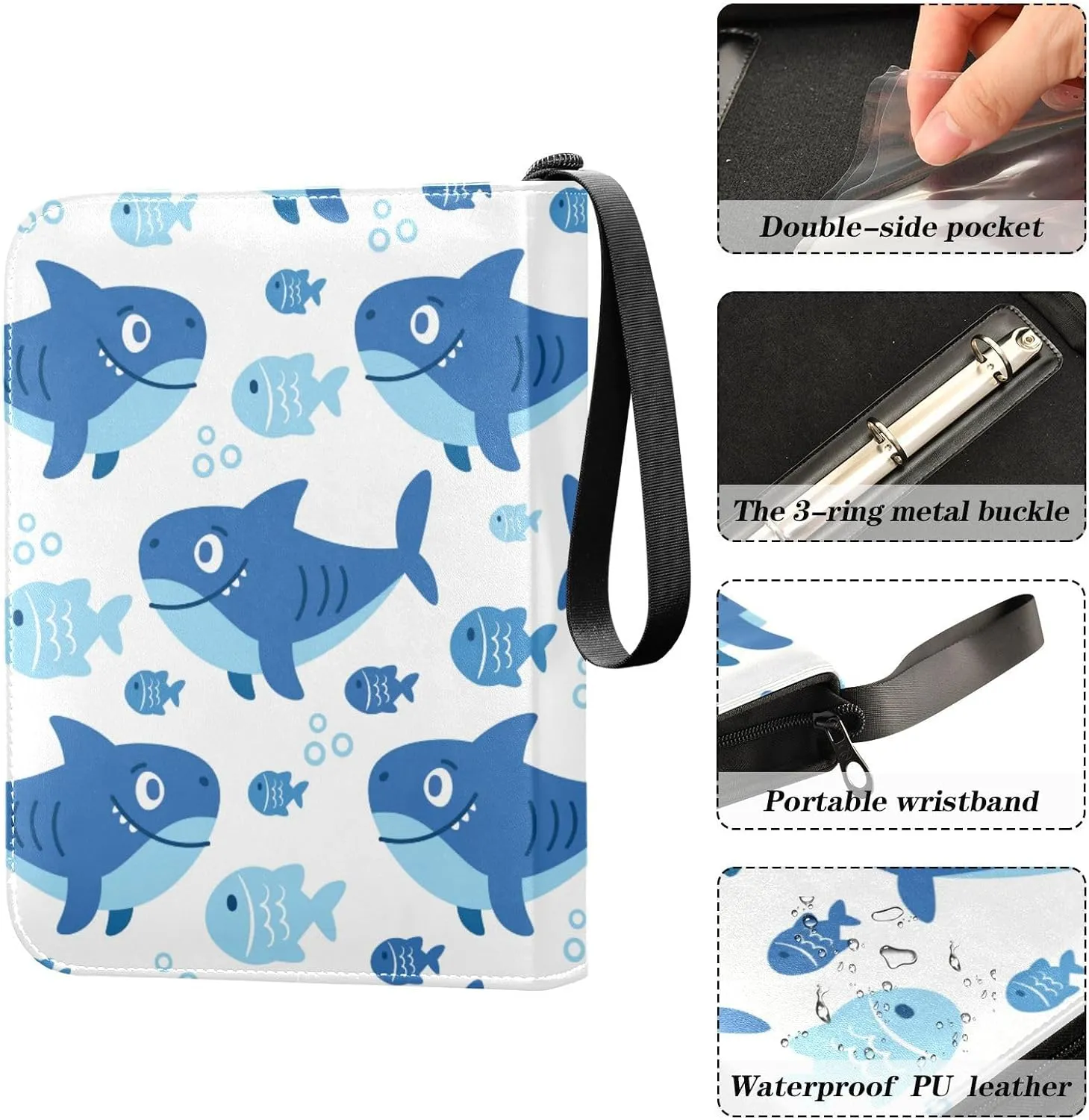 Card Binder Sports Card Binder Trading Card binder 4 Card Binder for Game Cards Sports Cards Photos Cute Blue Shark Fish White
