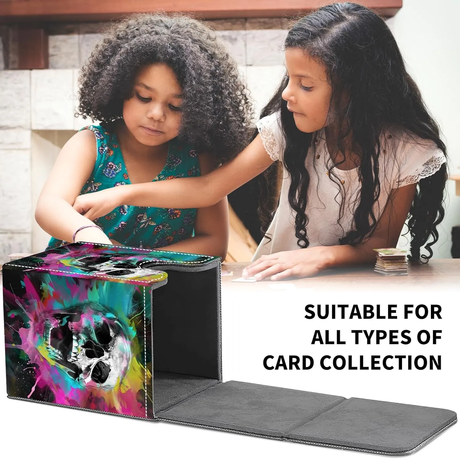 Card Deck Box for MTG Trading Cards, Magic Card Box Can Hold 110  Single Sleeved Cards, Waterproof PU Leather Material, Strong Magnetic Buckle Card Set Box Suitable for TCG CCG, Colorful Skull