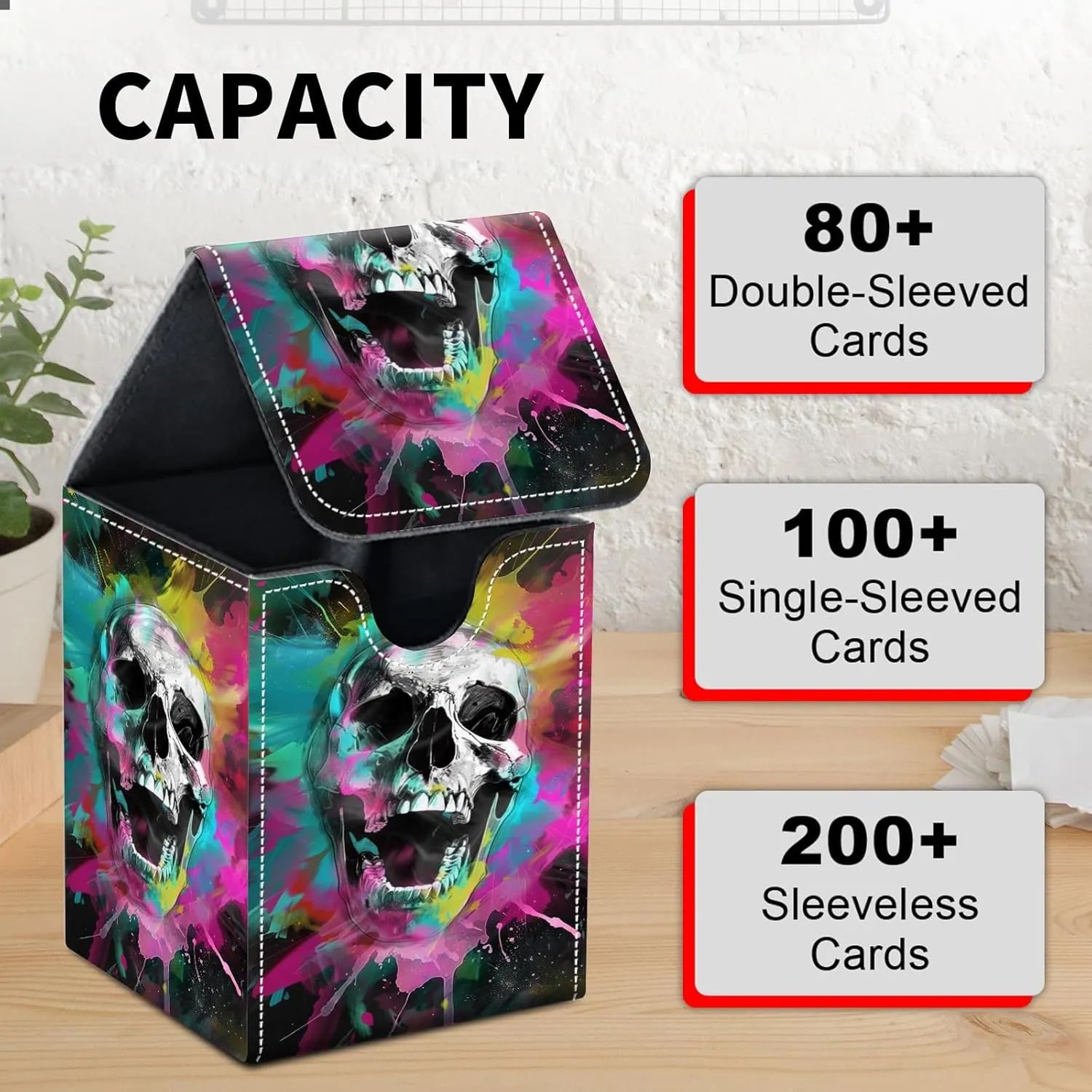 Card Deck Box for MTG Trading Cards, Magic Card Box Can Hold 110  Single Sleeved Cards, Waterproof PU Leather Material, Strong Magnetic Buckle Card Set Box Suitable for TCG CCG, Colorful Skull
