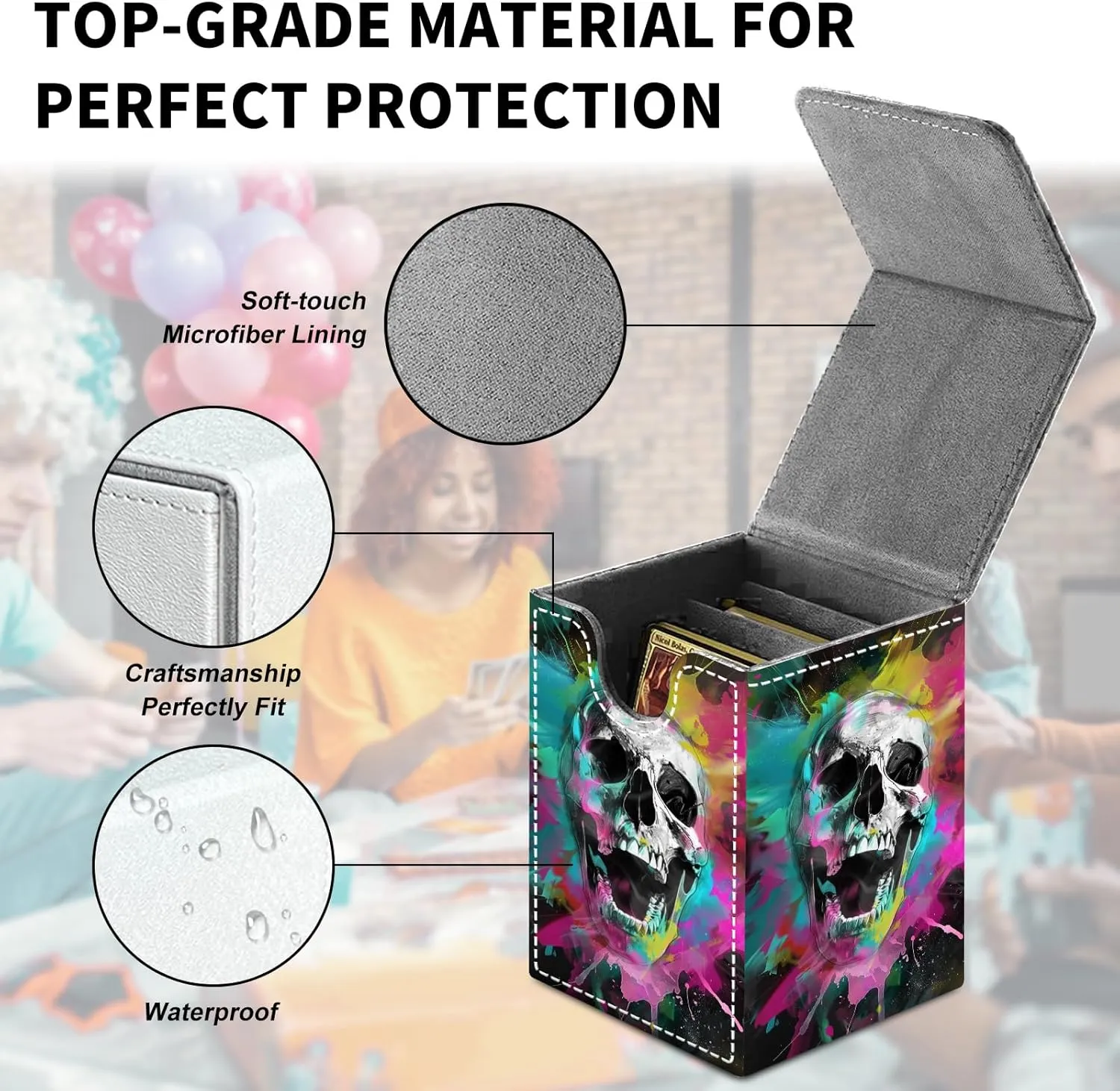 Card Deck Box for MTG Trading Cards, Magic Card Box Can Hold 110  Single Sleeved Cards, Waterproof PU Leather Material, Strong Magnetic Buckle Card Set Box Suitable for TCG CCG, Colorful Skull