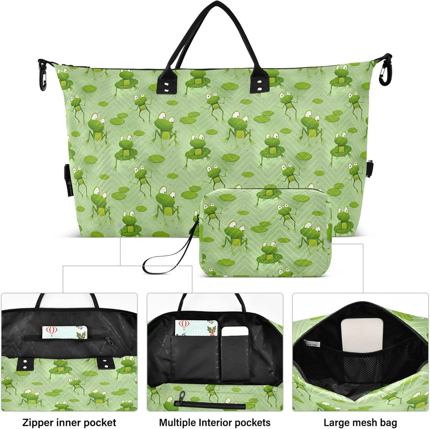 Cartoon Frogs Sitting Water Green Duffle Travel Bag Toiletry Bags Set, Animals Womens Luggage Set Duffel for Traveling