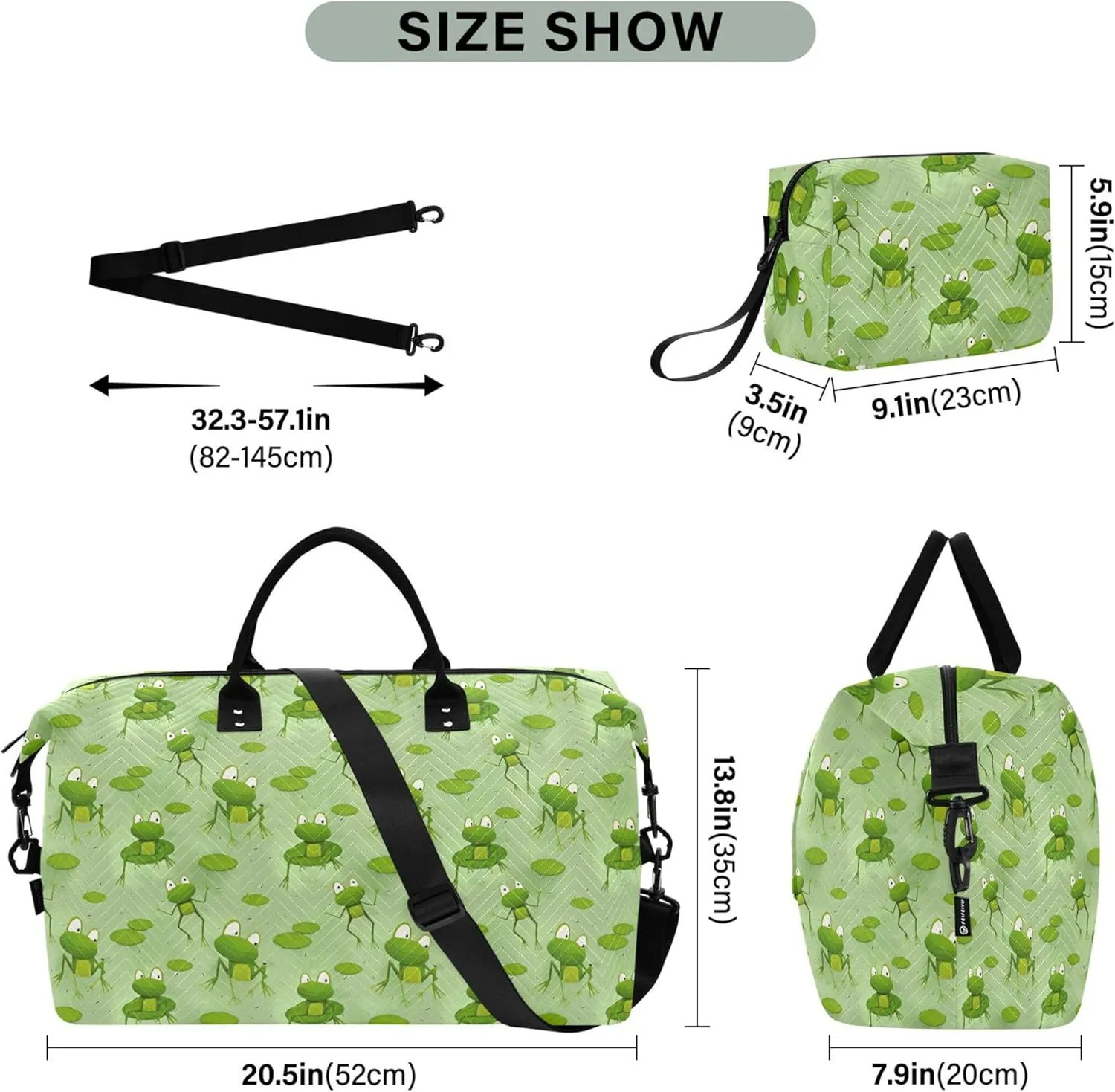 Cartoon Frogs Sitting Water Green Duffle Travel Bag Toiletry Bags Set, Animals Womens Luggage Set Duffel for Traveling