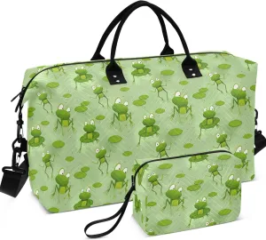 Cartoon Frogs Sitting Water Green Duffle Travel Bag Toiletry Bags Set, Animals Womens Luggage Set Duffel for Traveling