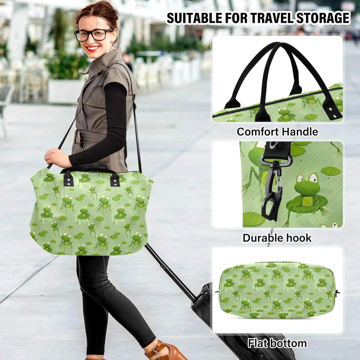 Cartoon Frogs Sitting Water Green Duffle Travel Bag Toiletry Bags Set, Animals Womens Luggage Set Duffel for Traveling