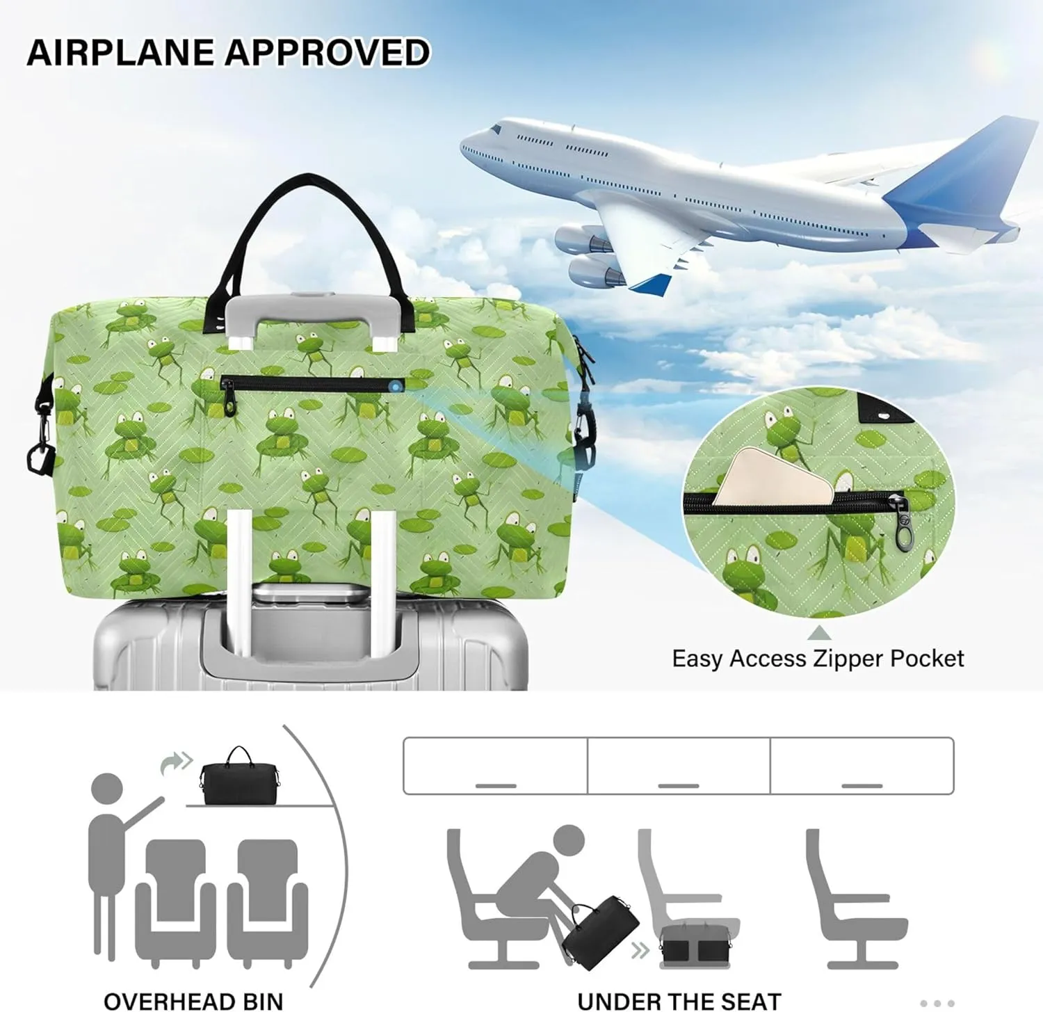 Cartoon Frogs Sitting Water Green Duffle Travel Bag Toiletry Bags Set, Animals Womens Luggage Set Duffel for Traveling