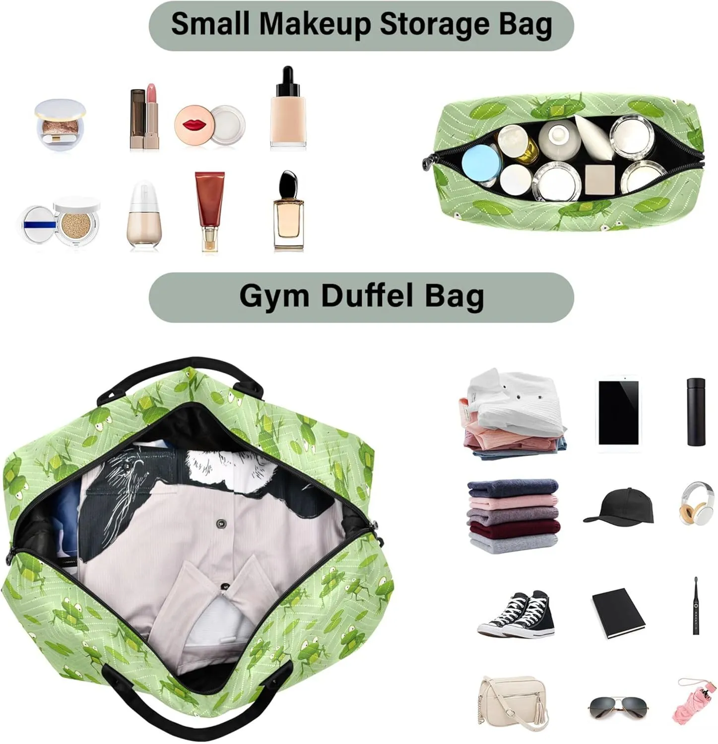 Cartoon Frogs Sitting Water Green Duffle Travel Bag Toiletry Bags Set, Animals Womens Luggage Set Duffel for Traveling
