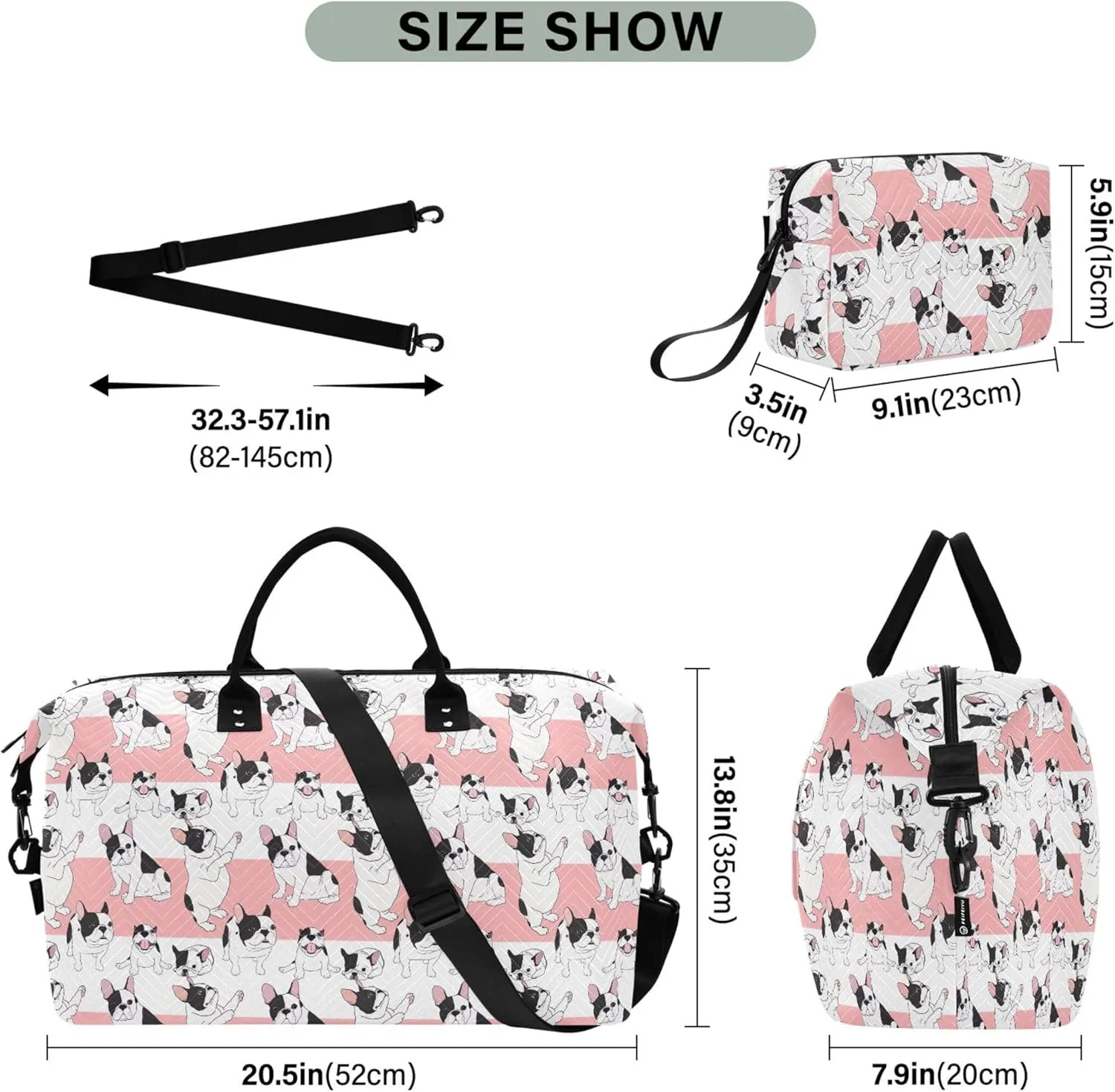 Cartoon Style French Bulldog Travel Duffel Bag Make up Bags Set, Print Womens Luggage Bag Carry on Bag
