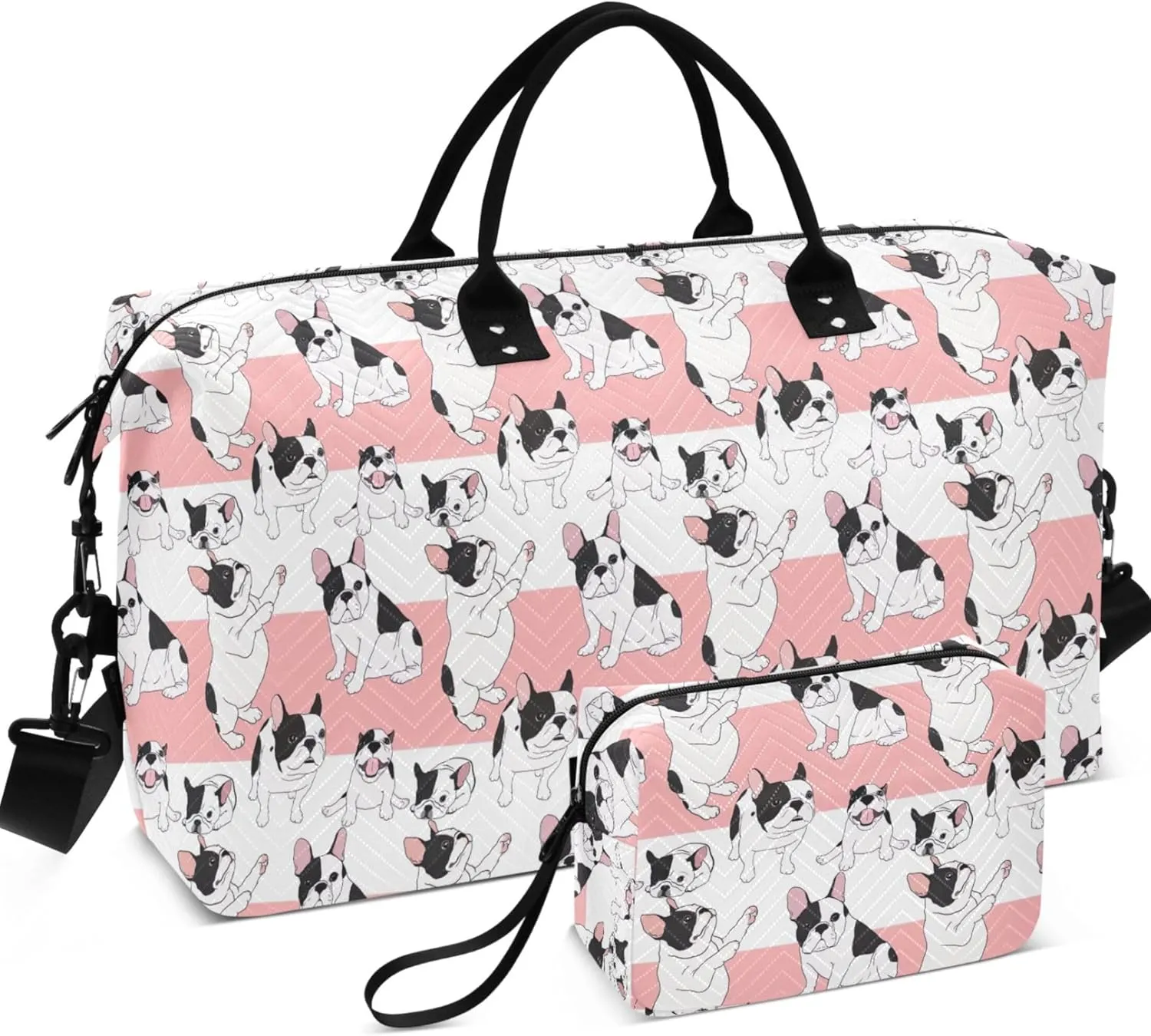 Cartoon Style French Bulldog Travel Duffel Bag Make up Bags Set, Print Womens Luggage Bag Carry on Bag