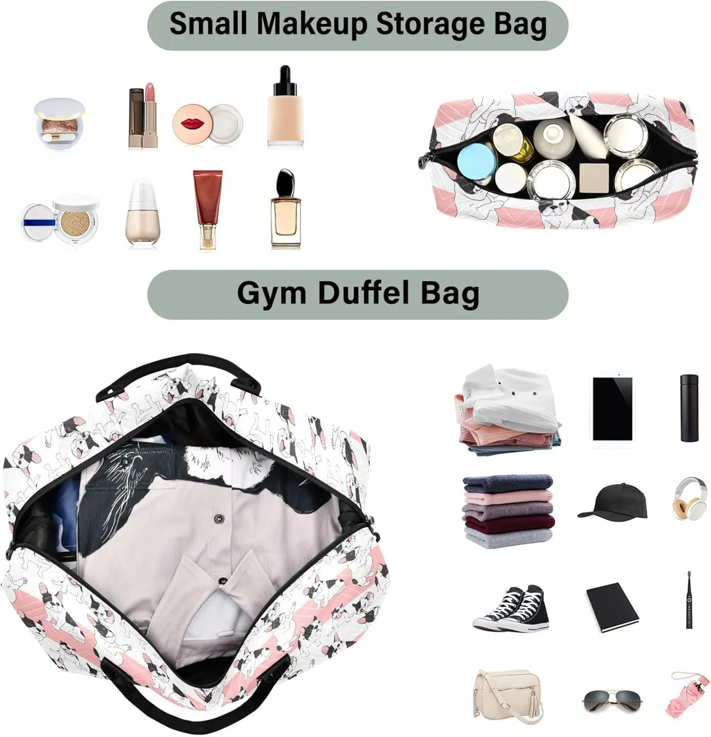 Cartoon Style French Bulldog Travel Duffel Bag Make up Bags Set, Print Womens Luggage Bag Carry on Bag