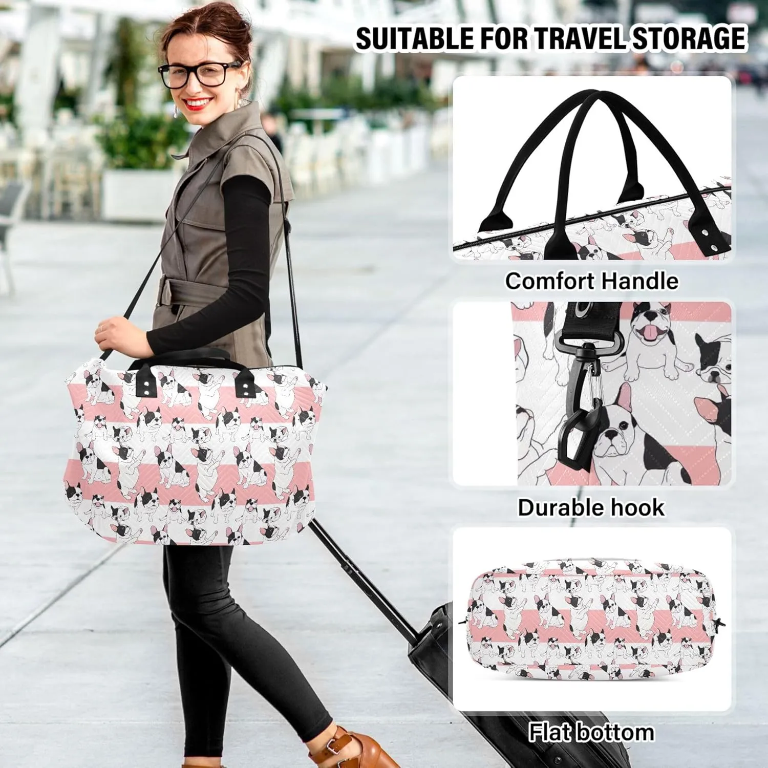 Cartoon Style French Bulldog Travel Duffel Bag Make up Bags Set, Print Womens Luggage Bag Carry on Bag
