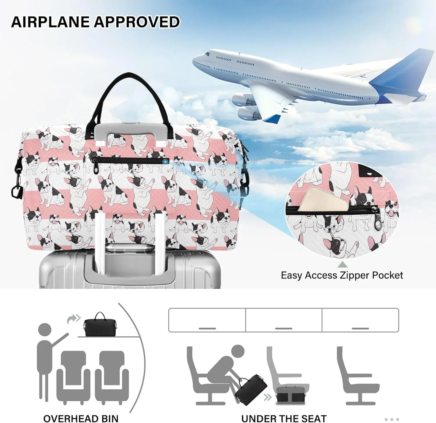 Cartoon Style French Bulldog Travel Duffel Bag Make up Bags Set, Print Womens Luggage Bag Carry on Bag