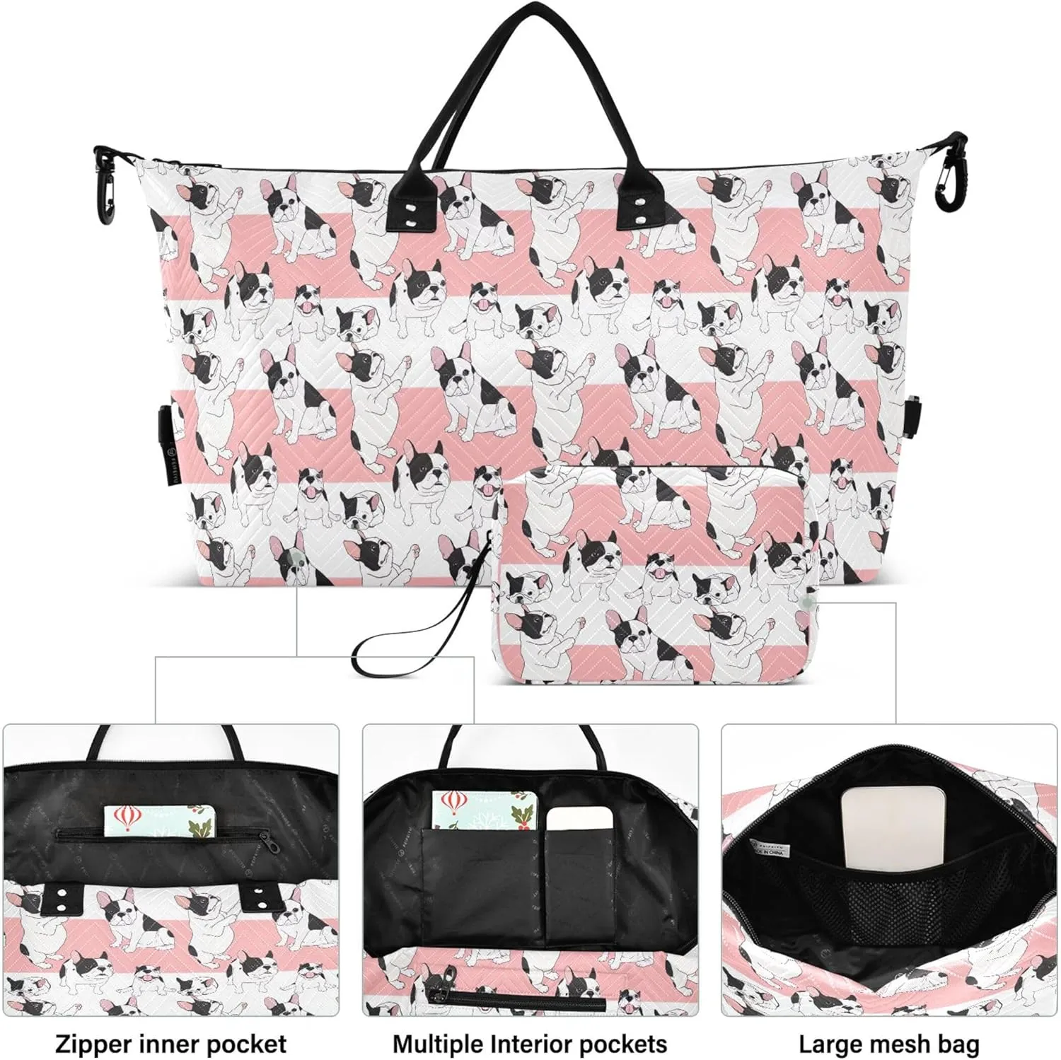 Cartoon Style French Bulldog Travel Duffel Bag Make up Bags Set, Print Womens Luggage Bag Carry on Bag
