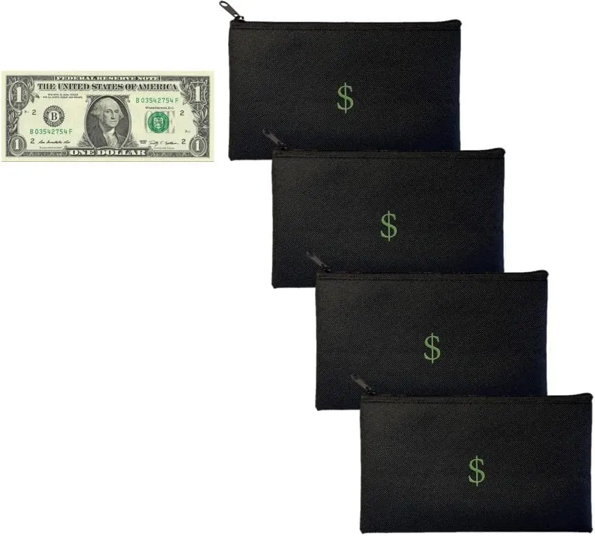 Cash/Money Pouch/Bag 4 Pack. Waterproof, 7.7 in x 4.5 in, Perfect Size, Travel Pouch/Bag with Cash Icon/Symbol/Dollar/$ Sign. Cash Organizer. Junk Drawer Organizer. Pencil Pouch with Dollar Sign