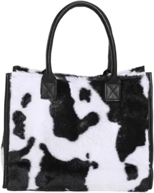 Casual Furry Shoulder Bag Flower/Cow Printed Satchel Hobo Bag Women Fuzzy Underarm Bag Fluffy Phone Pouch Winter S