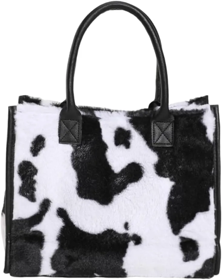 Casual Furry Shoulder Bag Flower/Cow Printed Satchel Hobo Bag Women Fuzzy Underarm Bag Fluffy Phone Pouch Winter S