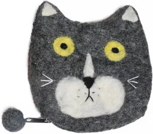 Cat Face Design Felted Wool Coin Purse, Handmade Felt Zipper Coin Purse, Cute Animal Felt Small Wallet Pouch Card Case, Cottagecore Purse