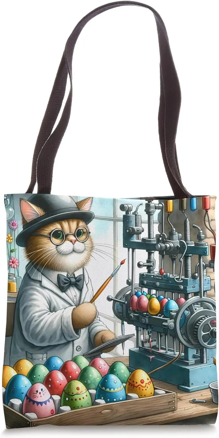 Cat Inventor Working On Machine Painting Holiday Eggs Tote Bag