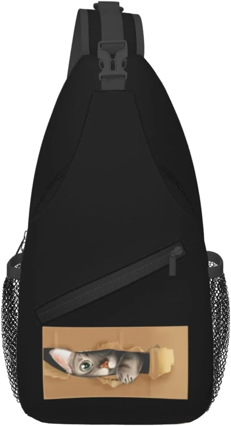 Cat Peeking Through Cardboard Crossbody Bags For Women Men Chest Backpack Gym Shoulder Bag Travel Outdoor Sports Casual Crossbody Bags