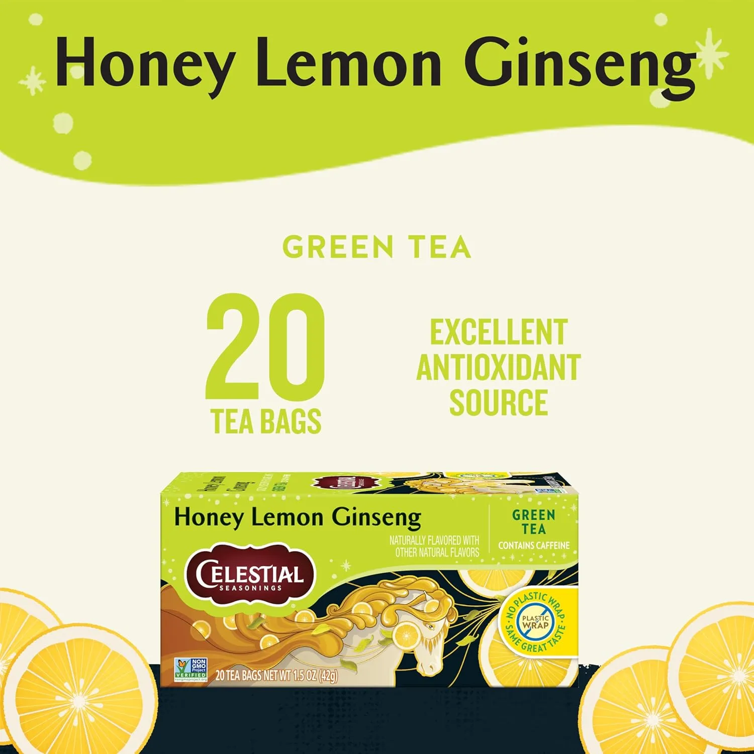 Celestial Seasonings Honey Lemon Ginseng Green Tea, Caffeinated, 20 Tea Bags Box (Pack of 6)