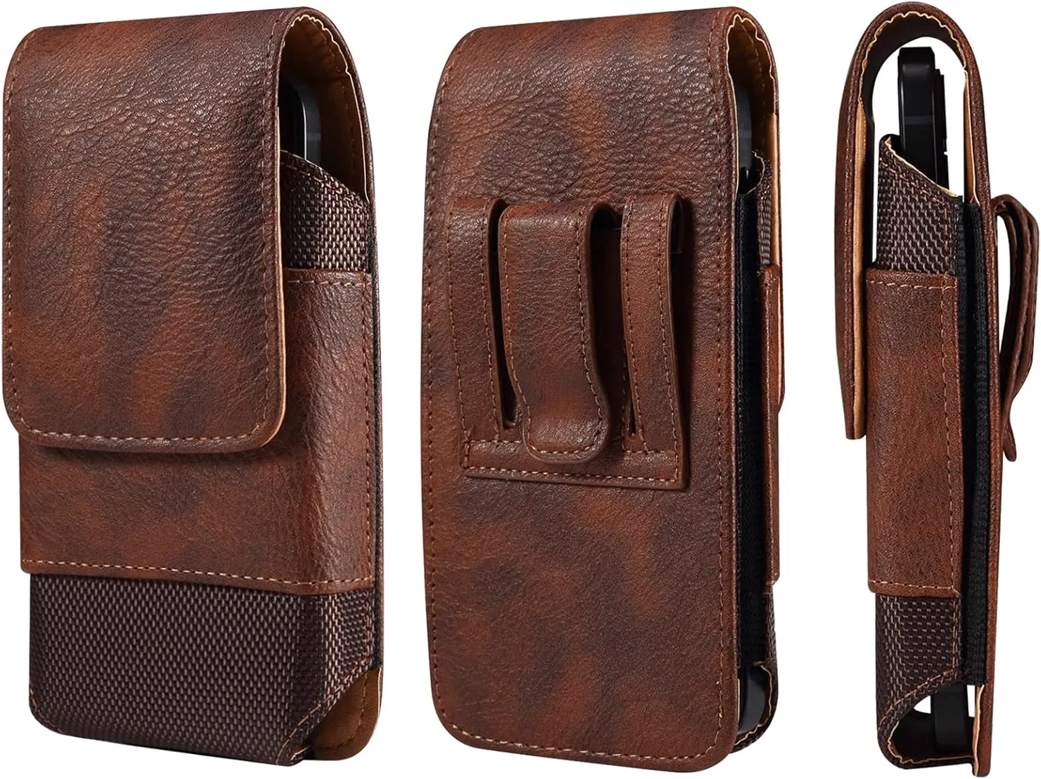 Cell Phone Belt Clip Bag Leather, Mobile Phone Blet Pouch Mens, Universal Waterproof Leather Smartphone Belt Loop Holster with Card Holder Carabiner Hook Wallet Purse Pocket for Outdoor Sport Travel