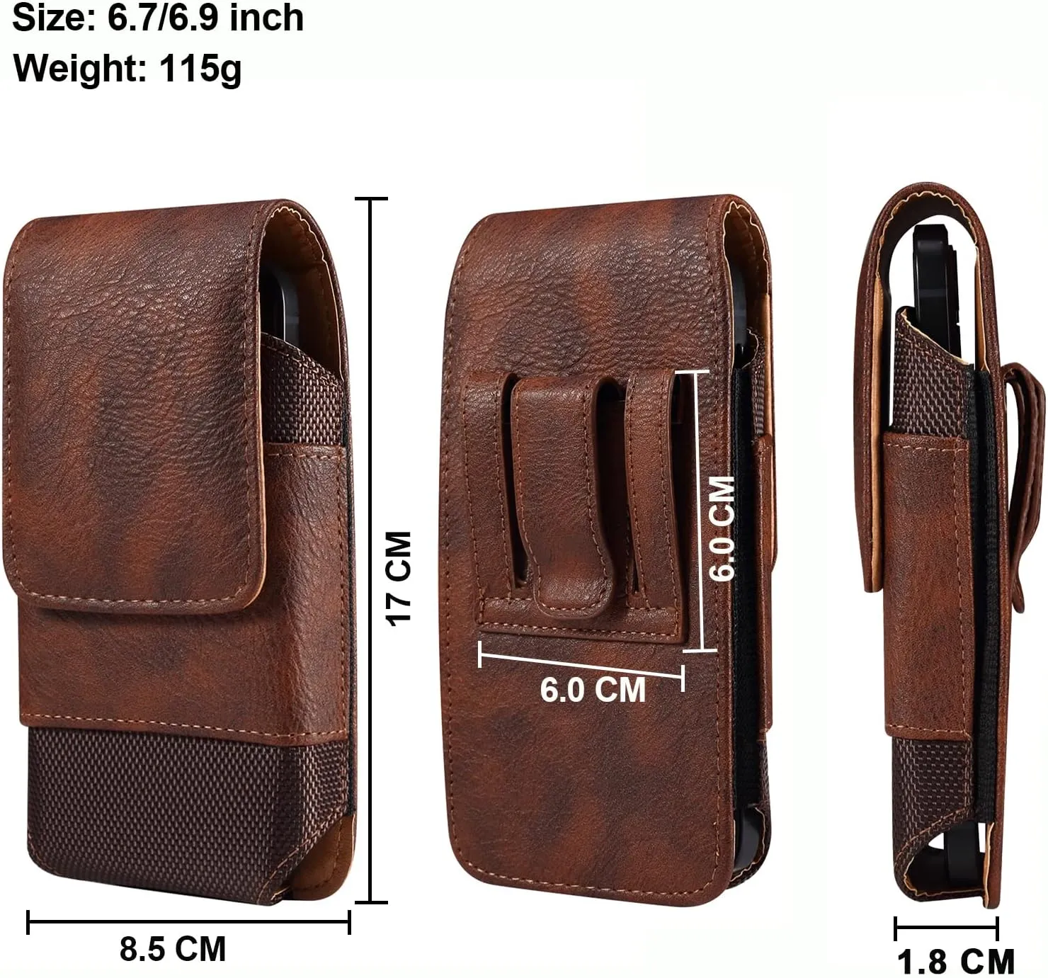 Cell Phone Belt Clip Bag Leather, Mobile Phone Blet Pouch Mens, Universal Waterproof Leather Smartphone Belt Loop Holster with Card Holder Carabiner Hook Wallet Purse Pocket for Outdoor Sport Travel