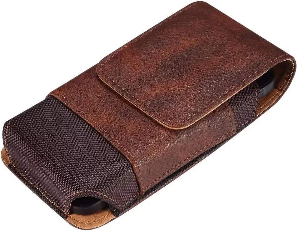 Cell Phone Belt Clip Bag Leather, Mobile Phone Blet Pouch Mens, Universal Waterproof Leather Smartphone Belt Loop Holster with Card Holder Carabiner Hook Wallet Purse Pocket for Outdoor Sport Travel