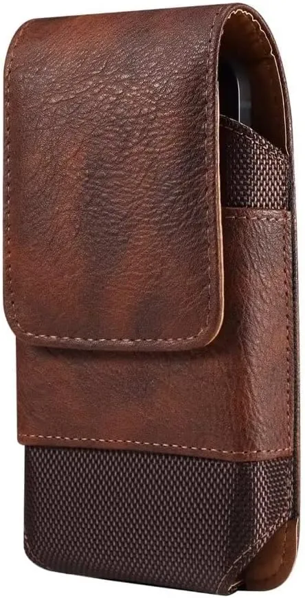 Cell Phone Belt Clip Bag Leather, Mobile Phone Blet Pouch Mens, Universal Waterproof Leather Smartphone Belt Loop Holster with Card Holder Carabiner Hook Wallet Purse Pocket for Outdoor Sport Travel