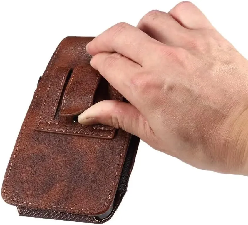 Cell Phone Belt Clip Bag Leather, Mobile Phone Blet Pouch Mens, Universal Waterproof Leather Smartphone Belt Loop Holster with Card Holder Carabiner Hook Wallet Purse Pocket for Outdoor Sport Travel