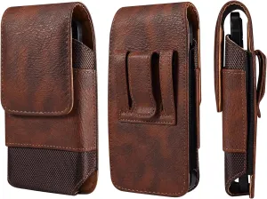 Cell Phone Belt Clip Bag Leather, Mobile Phone Blet Pouch Mens, Universal Waterproof Leather Smartphone Belt Loop Holster with Card Holder Carabiner Hook Wallet Purse Pocket for Outdoor Sport Travel
