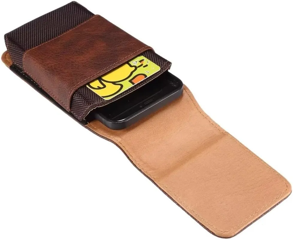 Cell Phone Belt Clip Bag Leather, Mobile Phone Blet Pouch Mens, Universal Waterproof Leather Smartphone Belt Loop Holster with Card Holder Carabiner Hook Wallet Purse Pocket for Outdoor Sport Travel