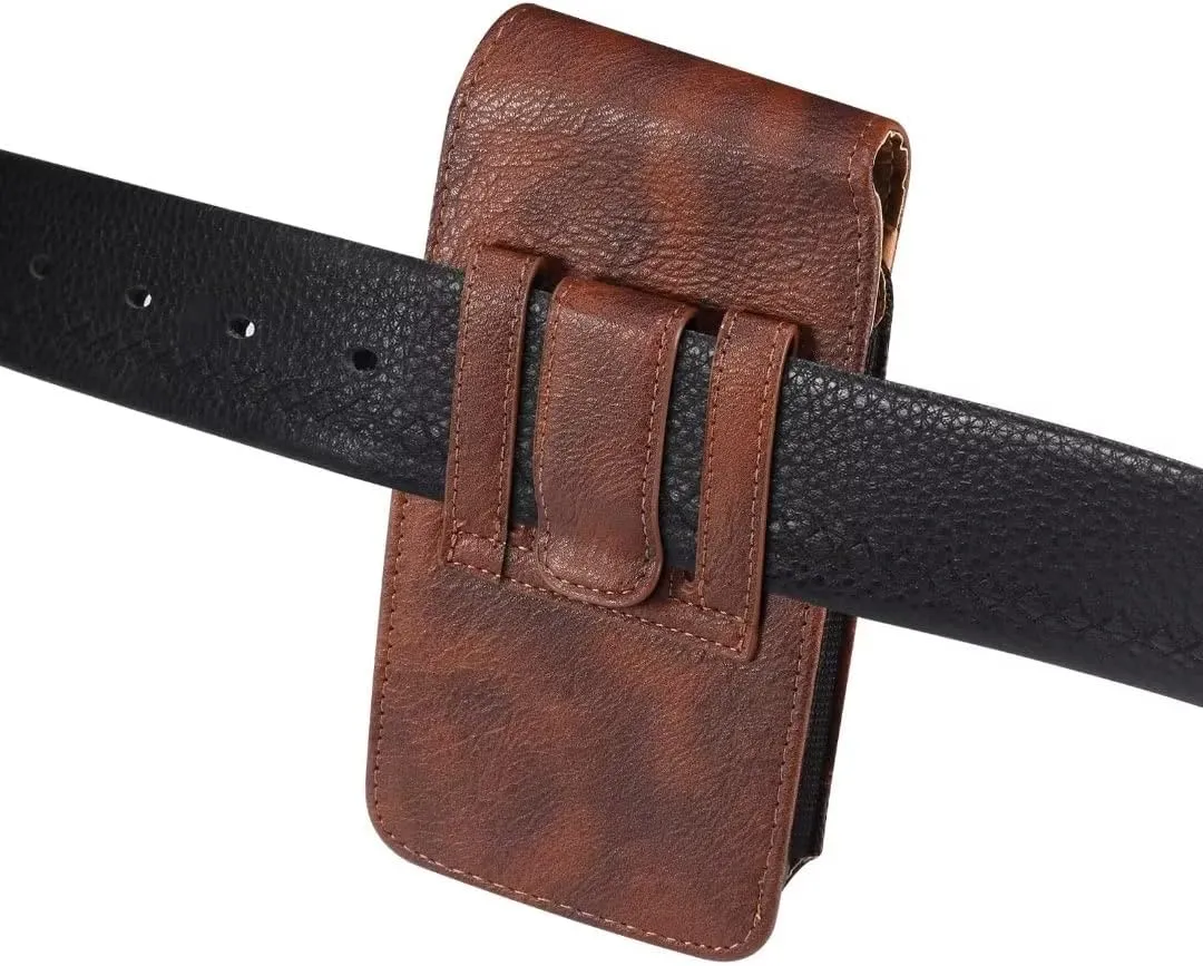 Cell Phone Belt Clip Bag Leather, Mobile Phone Blet Pouch Mens, Universal Waterproof Leather Smartphone Belt Loop Holster with Card Holder Carabiner Hook Wallet Purse Pocket for Outdoor Sport Travel
