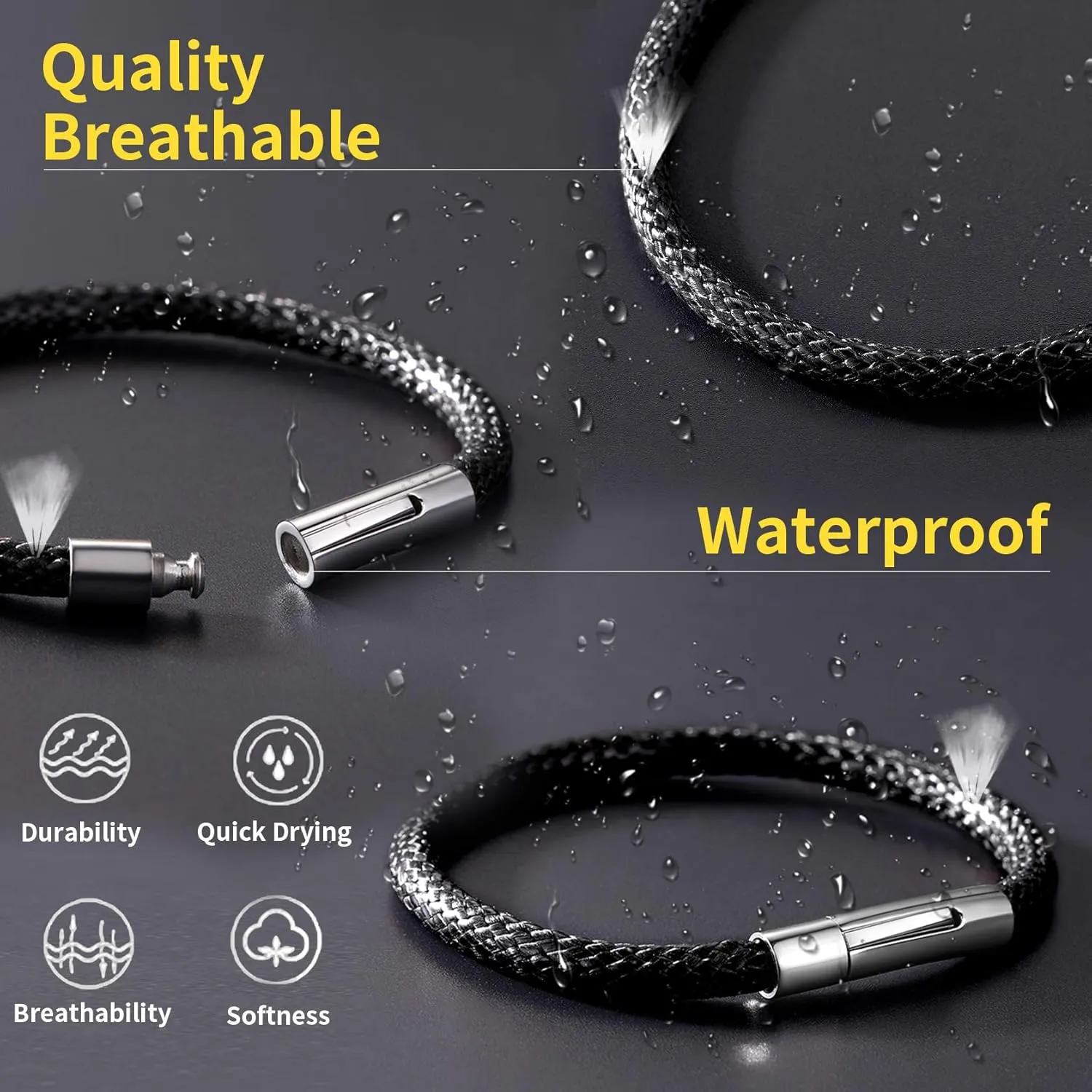 ChainsHouse Personalized Mens Leather Wrist Cuff Bracelets with Custom Beads, Waterproof Wax Rope Braided Cord Bracelet Engraved with Names for Men Women, 7-8.7 inch Length, Send Gift Box
