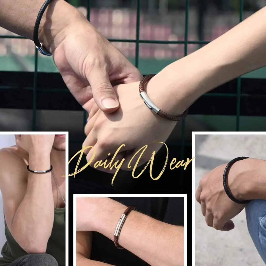 ChainsHouse Personalized Mens Leather Wrist Cuff Bracelets with Custom Beads, Waterproof Wax Rope Braided Cord Bracelet Engraved with Names for Men Women, 7-8.7 inch Length, Send Gift Box