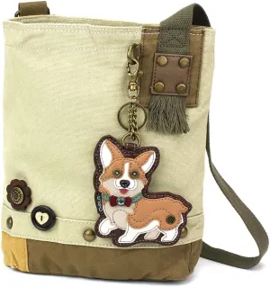CHALA Womens' Canvas Patch Crossbody Handbag with Keyfob- Sand (Corgi- Sand)