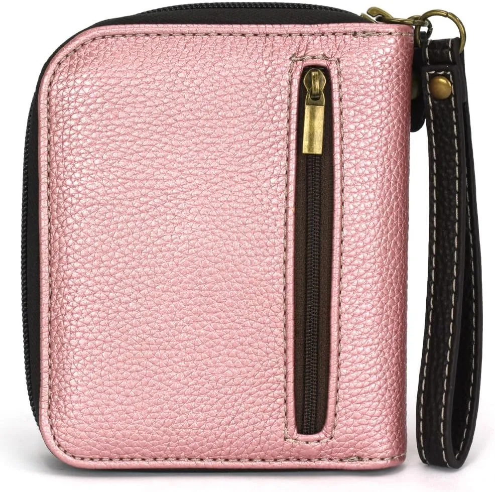 CHALA Zip Around Wallet, Wristlet, 8 Credit Card Slots, Sturdy Pu Leather - Flamingo Group - glitter pink