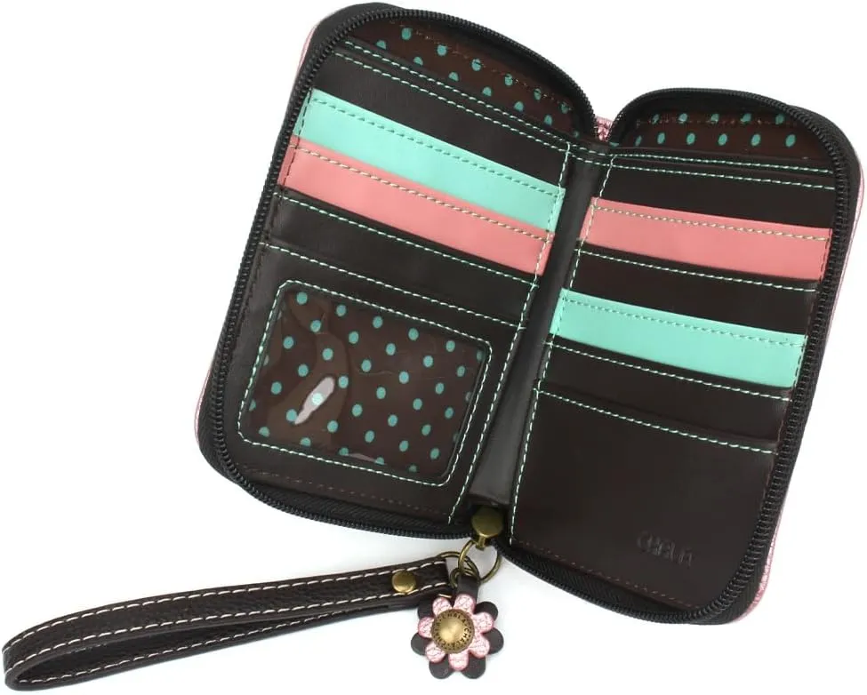 CHALA Zip Around Wallet, Wristlet, 8 Credit Card Slots, Sturdy Pu Leather - Flamingo Group - glitter pink