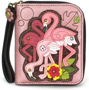 CHALA Zip Around Wallet, Wristlet, 8 Credit Card Slots, Sturdy Pu Leather - Flamingo Group - glitter pink