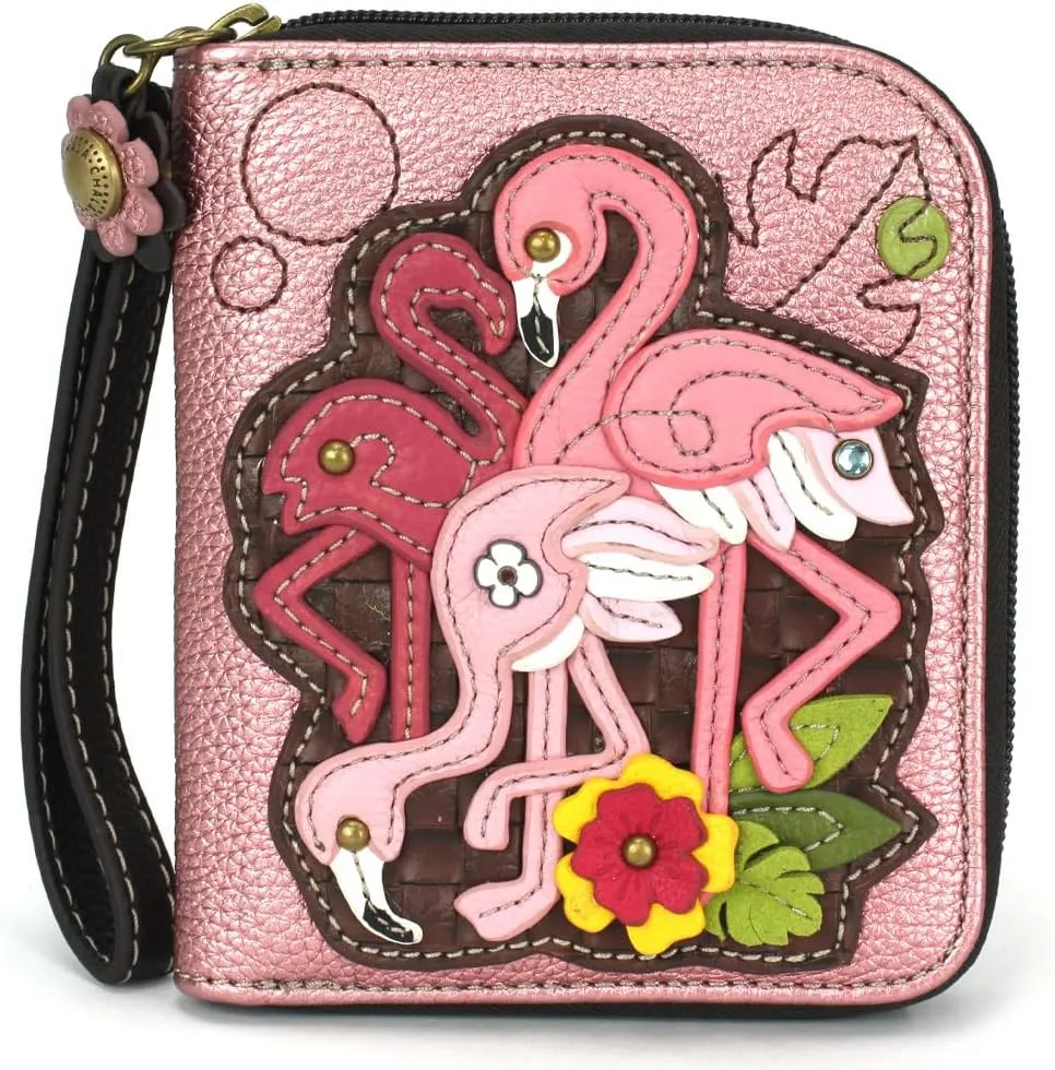 CHALA Zip Around Wallet, Wristlet, 8 Credit Card Slots, Sturdy Pu Leather - Flamingo Group - glitter pink