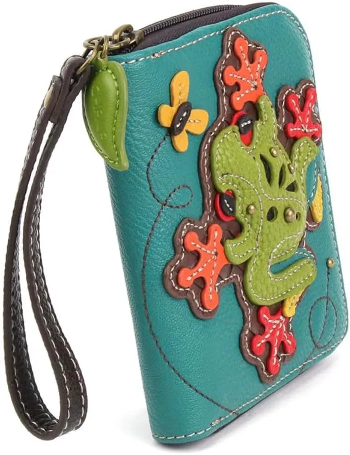 CHALA Zip Around Wallet, Wristlet, 8 Credit Card Slots, Sturdy Pu Leather - Frog - Turquoise