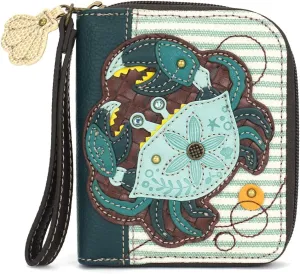 CHALA Zip Around Wallet, Wristlet, 8 Credit Card Slots, Sturdy Pu Leather - Teal Crab - Teal Stripe