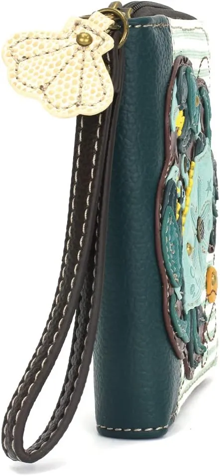 CHALA Zip Around Wallet, Wristlet, 8 Credit Card Slots, Sturdy Pu Leather - Teal Crab - Teal Stripe