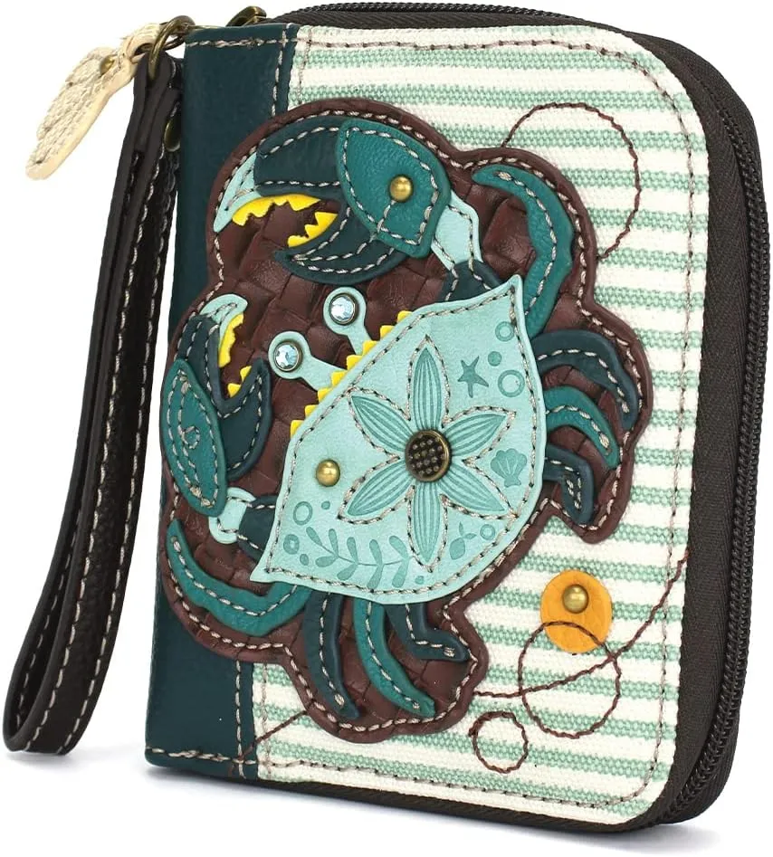 CHALA Zip Around Wallet, Wristlet, 8 Credit Card Slots, Sturdy Pu Leather - Teal Crab - Teal Stripe