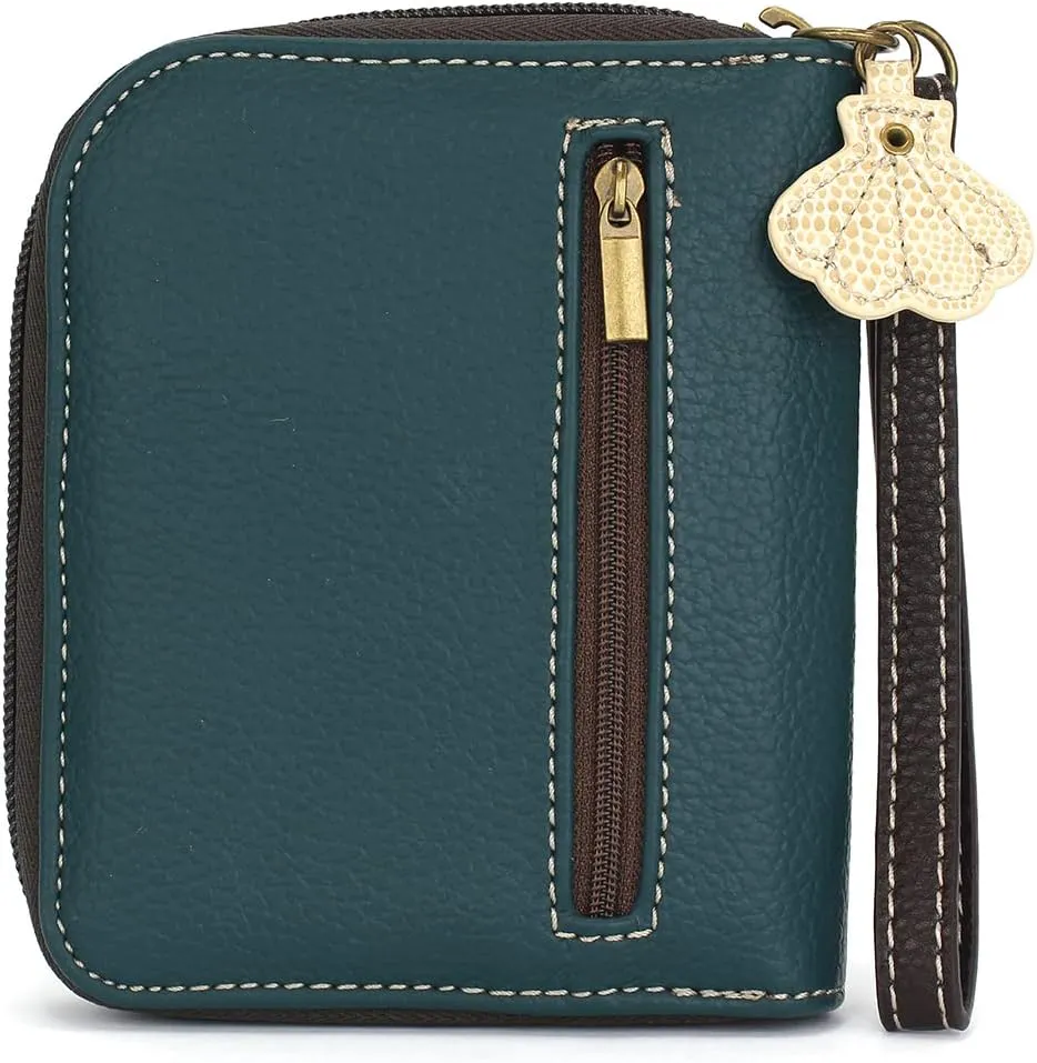 CHALA Zip Around Wallet, Wristlet, 8 Credit Card Slots, Sturdy Pu Leather - Teal Crab - Teal Stripe