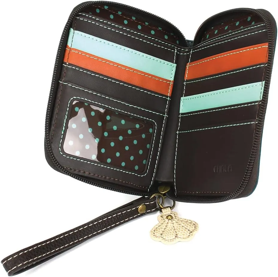 CHALA Zip Around Wallet, Wristlet, 8 Credit Card Slots, Sturdy Pu Leather - Teal Crab - Teal Stripe