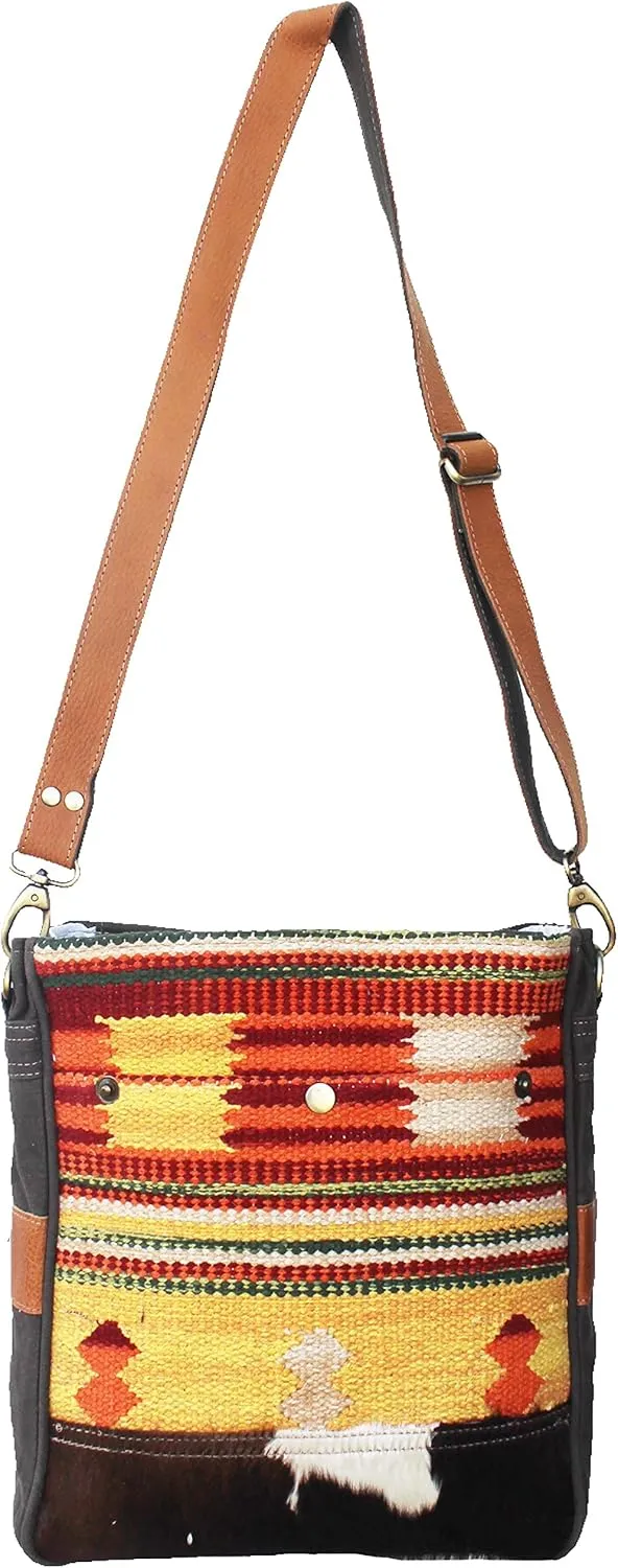 CHALLENGER Women's Brown Upcycled Fabric Distressed Leather Shoulder Bag 17RT2115