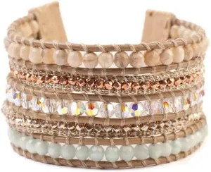Chan Luu Crystal and Mineral Stone Mix Wrap Tan Leather Bracelet Adjustable