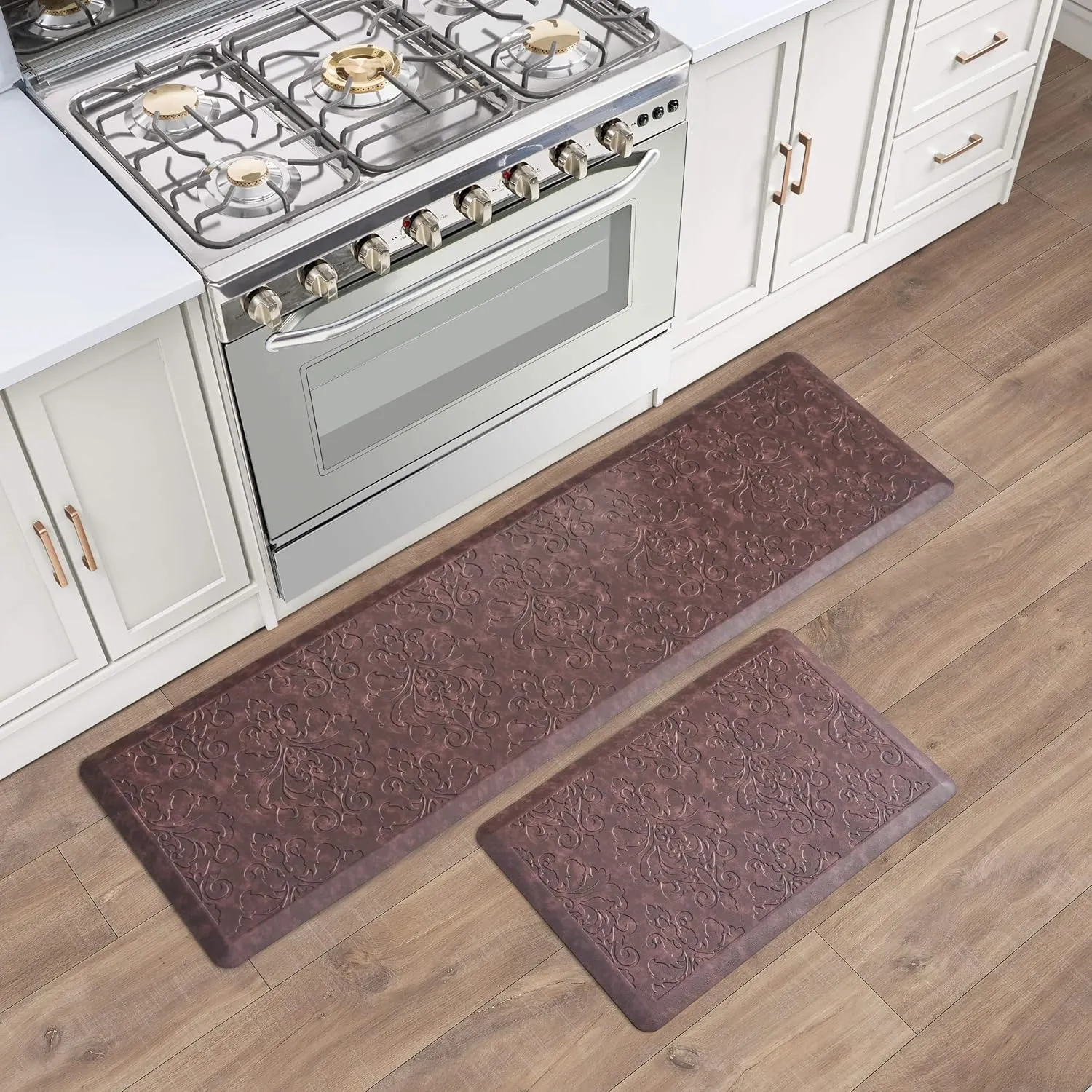 Chef Gear - Anti-Fatigue Wellness Kitchen Mat - Marni Design - Cushioned Comfort Chef Mat - Faux Leather - Cooking & Standing Relief -Skid-Resistant - Set of 2-17.5"x 60"/ 17.5"x28"- Red
