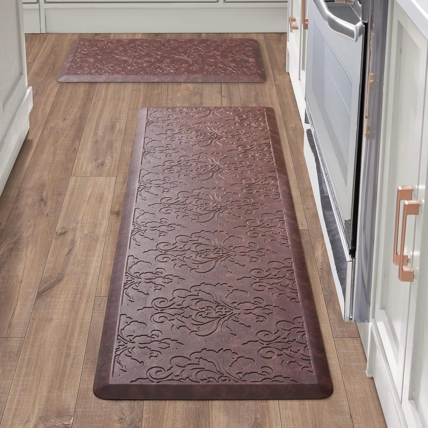 Chef Gear - Anti-Fatigue Wellness Kitchen Mat - Marni Design - Cushioned Comfort Chef Mat - Faux Leather - Cooking & Standing Relief -Skid-Resistant - Set of 2-17.5"x 60"/ 17.5"x28"- Red
